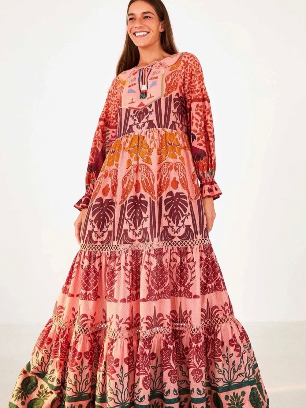 Farm Rio Anika Beaded Tassel Floral Maxi Dress Pink Large